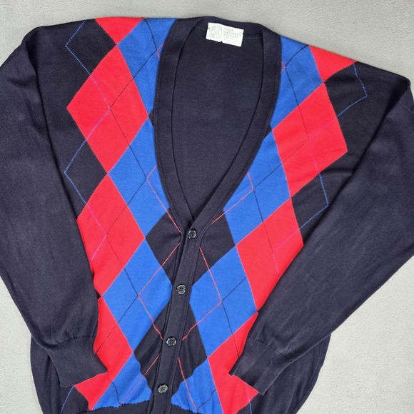 John Smedley Cardigan Sweater Mens Large Navy Argyle Sea Island Cotton England